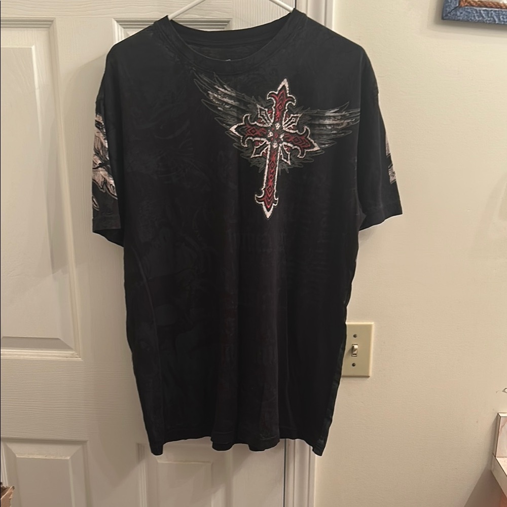 Archaic Black Graphic T-Shirt with Red Cross Design Sz XL